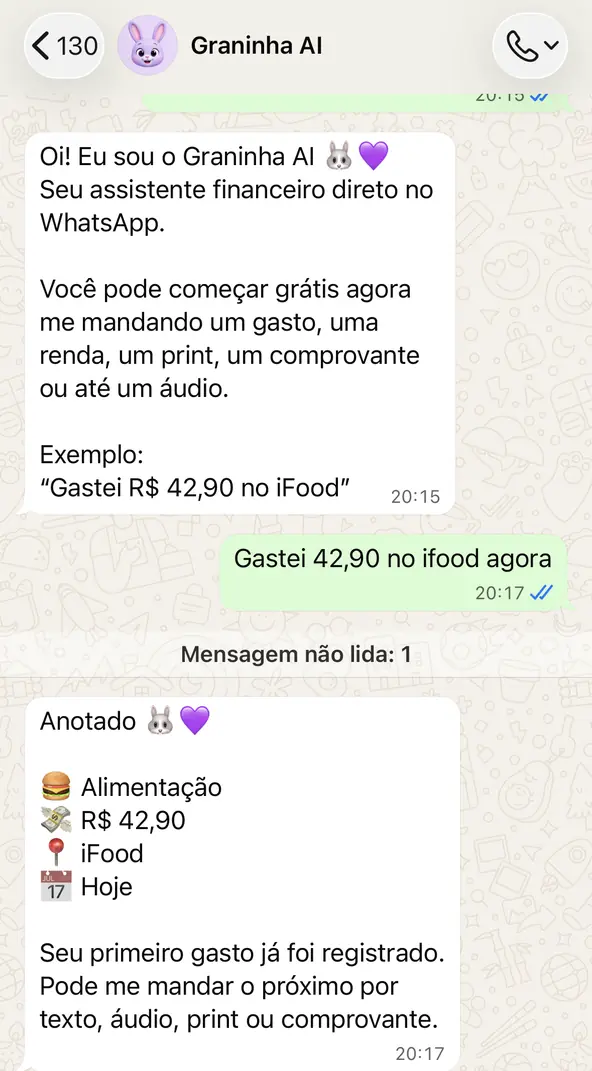 Conversa real: usuário envia “Gastei 42,90 no ifood agora” e o Graninha anota categoria Alimentação, valor, local e data